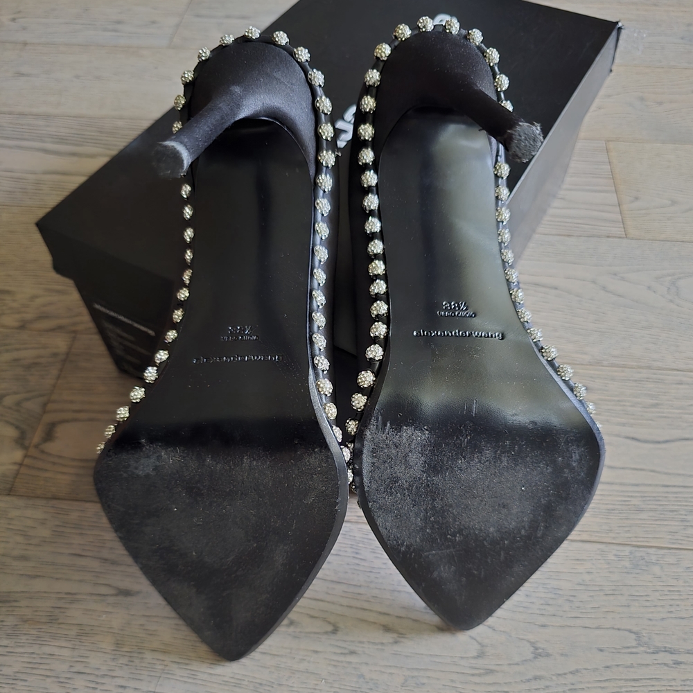 Alexander Wang Black Satin Heels with Silver Crystal Accents - Picture 4 of 6